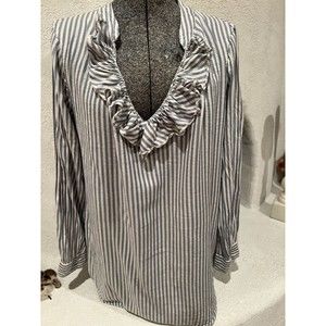 Aerie Chambray Tunic Top sz M Blue White Striped Soft Long Sleeves Ruffle V-Neck